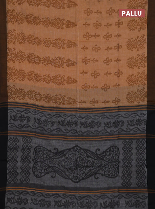 Bengal soft cotton saree dark mustard and grey with allover weaves and simple border