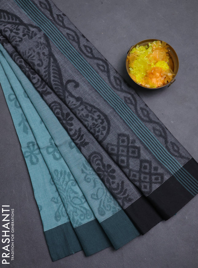 Bengal soft cotton saree pastel green and grey with allover weaves and simple border