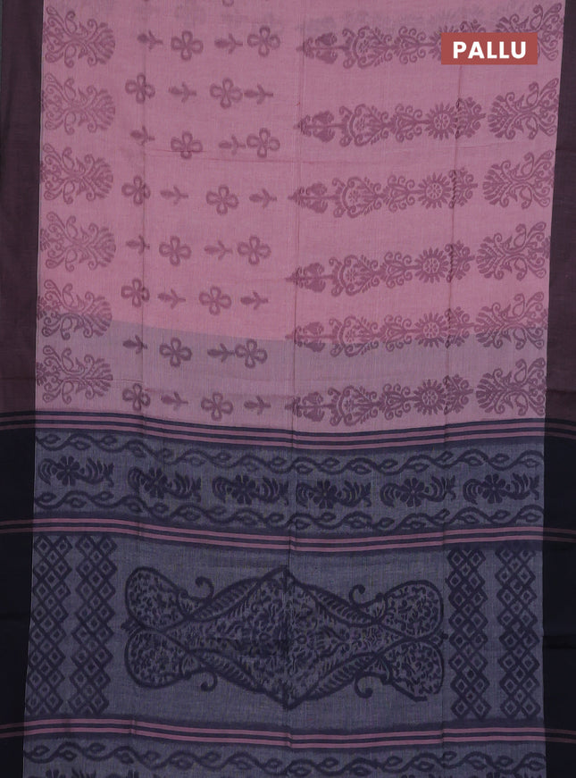 Bengal soft cotton saree pastel pink and navy blue with allover weaves and simple border