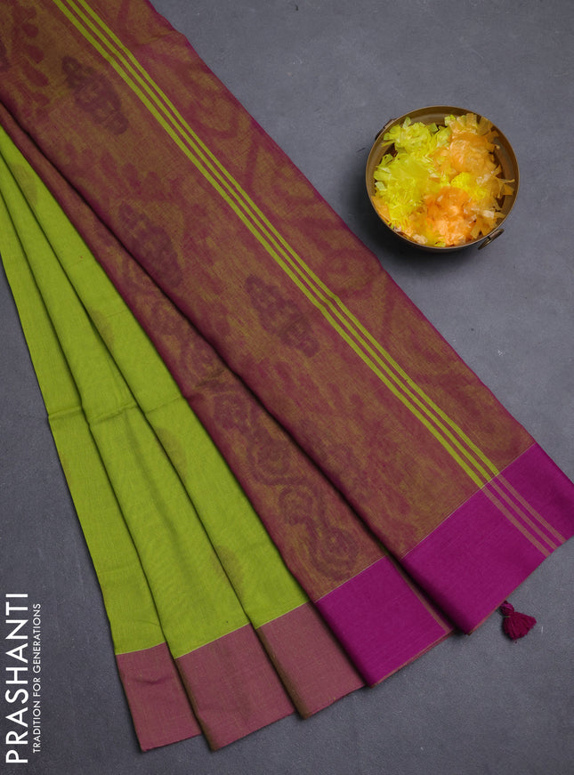 Bengal soft cotton saree light green and purple with allover weaves and simple border