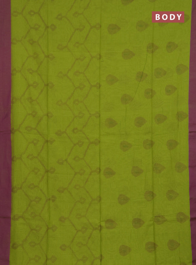 Bengal soft cotton saree light green and purple with allover weaves and simple border