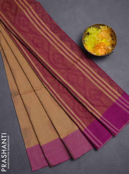 Bengal soft cotton saree sandal and purple with allover weaves and simple border