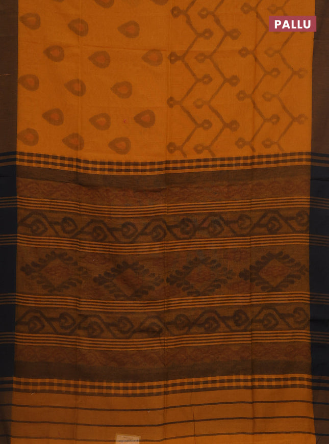 Bengal soft cotton saree dark mustard and black with allover weaves and simple border
