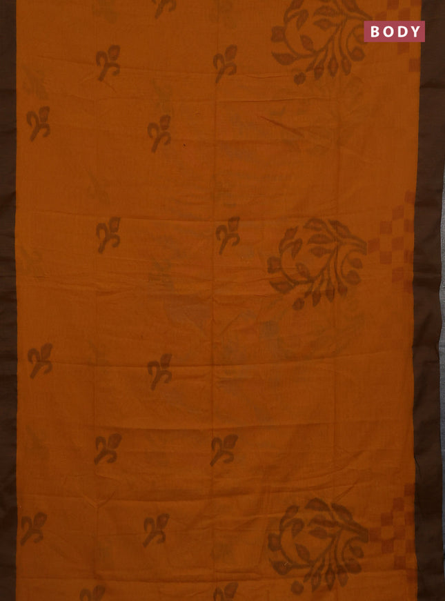 Bengal soft cotton saree dark mustard and brown shade with allover butta weaves and simple border