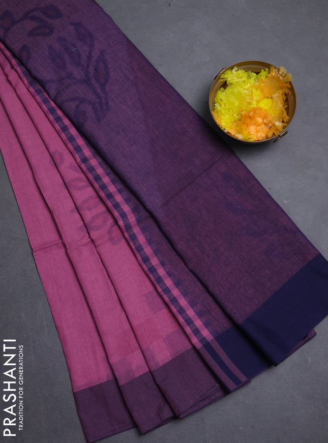 Bengal soft cotton saree mauve pink and navy blue with allover butta weaves and simple border