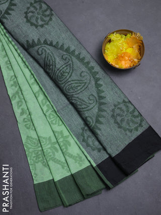 Bengal soft cotton saree pista green and black with allover weaves and simple border