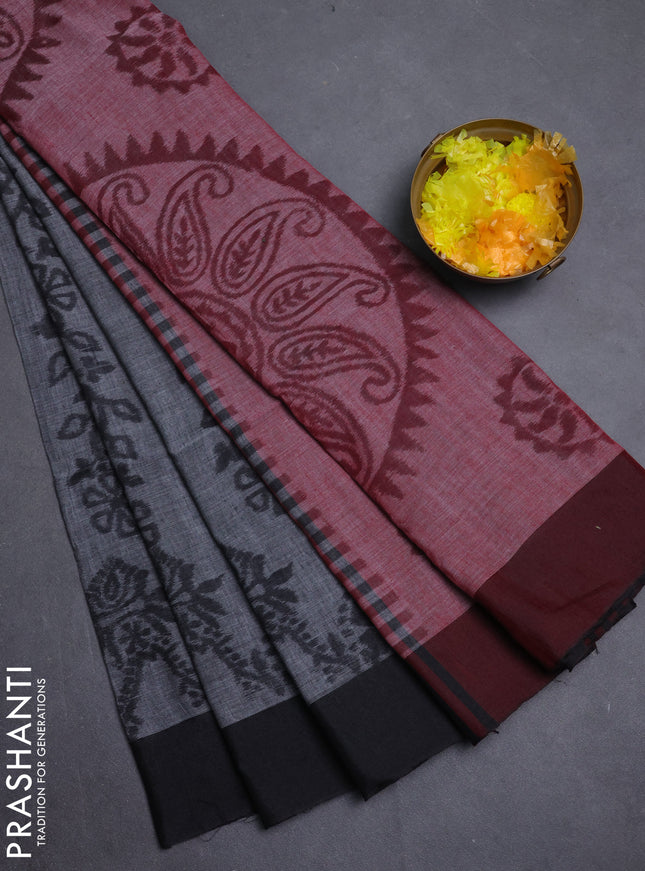Bengal soft cotton saree grey and maroon with allover weaves and simple border