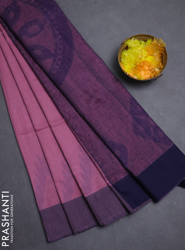 Bengal soft cotton saree mauve pink and navy blue with weaves and simple border