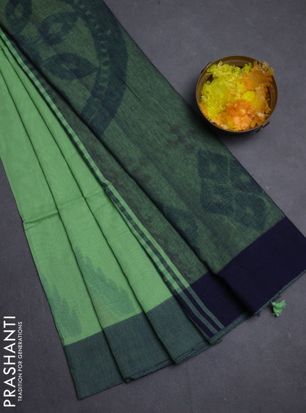 Bengal soft cotton saree pastel green and navy blue with weaves and simple border