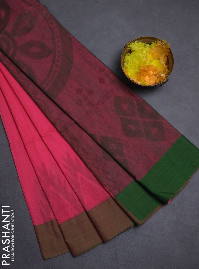 Bengal soft cotton saree pink and green with weaves and simple border