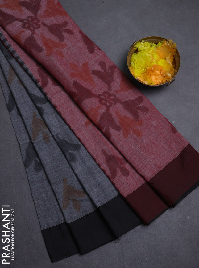 Bengal soft cotton saree maroon and black with allover weaves and simple border