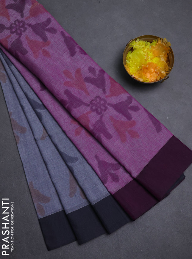Bengal soft cotton saree violet and grey with allover weaves and simple border
