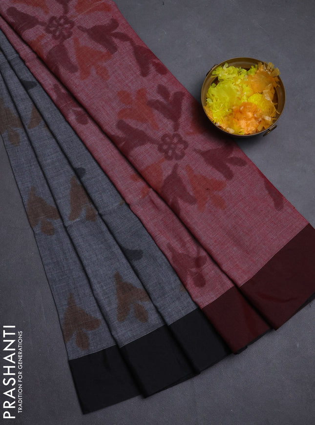 Bengal soft cotton saree maroon and black with allover weaves and simple border