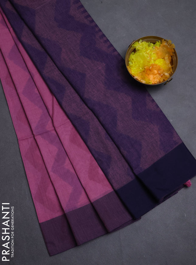 Bengal soft cotton saree pastel pink and navy blue with allover weaves and simple border