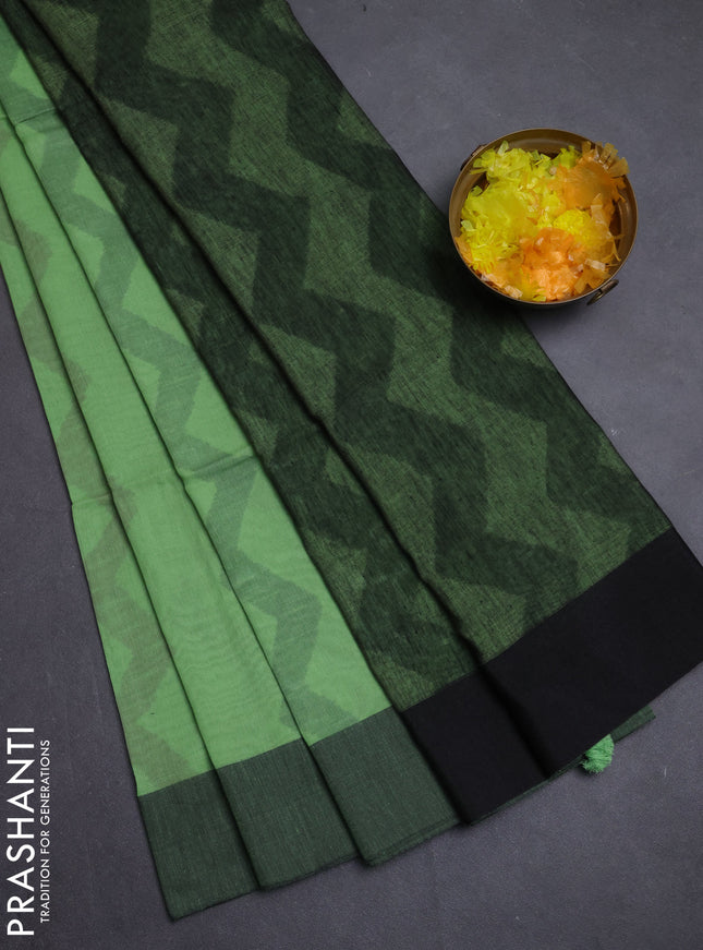 Bengal soft cotton saree pista green and black with allover weaves and simple border