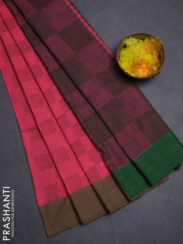 Bengal soft cotton saree pink and green with allover weaves and simple border
