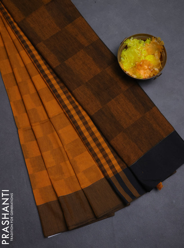 Bengal soft cotton saree dark mustard and black with allover weaves and simple border