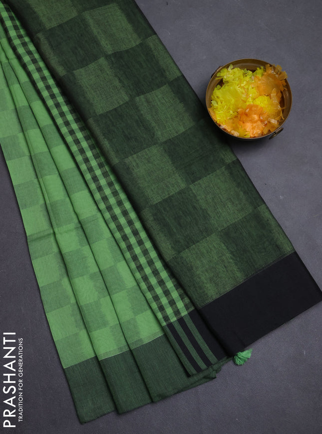 Bengal soft cotton saree pista green and black with allover weaves and simple border