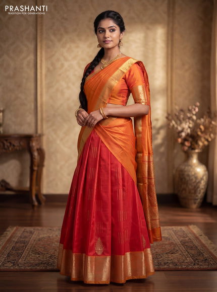 Pure silk lehenga dhawani reddish pink and mango yellow with zari woven buttas and rich zari woven border