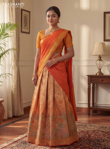 Pure tissue silk lehenga dhawani mustard yellow and orange with allover zari woven brocade weaves and long rich zari woven border