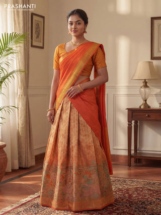 Pure tissue silk lehenga dhawani mustard yellow and orange with allover zari woven brocade weaves and long rich zari woven border
