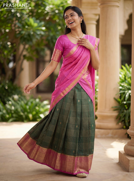 Pure silk lehenga dhawani bottle green and pink with allover zari checks & buttas and rich zari woven border