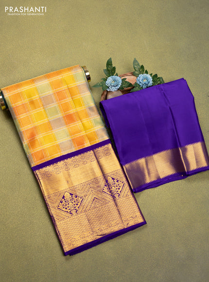 Pure tissue silk lehenga dhawani multi colour and violet with allover zari woven checked pattern and long rich zari woven border