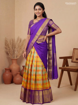 Pure tissue silk lehenga dhawani multi colour and violet with allover zari woven checked pattern and long rich zari woven border