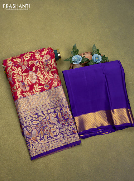 Pure silk lehenga dhawani reddish pink and violet with allover floral zari woven brocade weaves and long rich zari woven border
