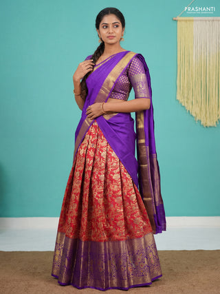 Pure silk lehenga dhawani reddish pink and violet with allover floral zari woven brocade weaves and long rich zari woven border