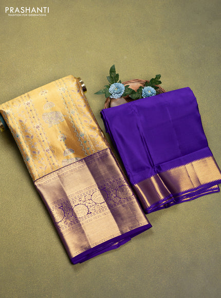 Pure tissue silk lehenga dhawani gold and violet with allover zari woven brocade weaves and long zari woven border