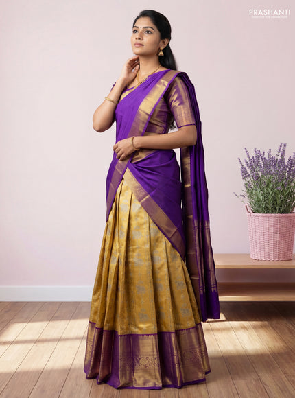 Pure tissue silk lehenga dhawani gold and violet with allover zari woven brocade weaves and long zari woven border