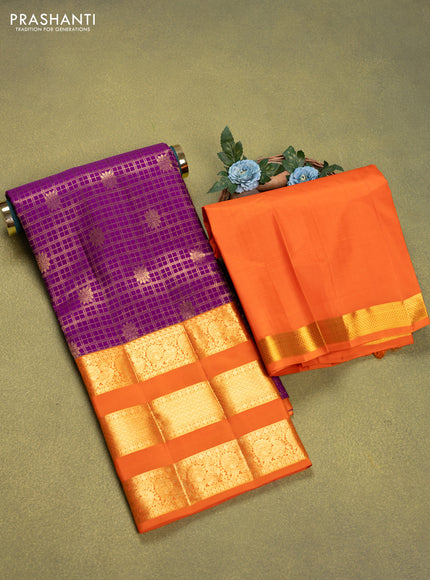 Pure silk lehenga dhawani purple and orange with allover zari checks & buttas and long rich zari woven border