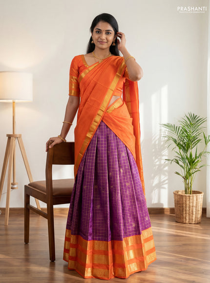 Pure silk lehenga dhawani purple and orange with allover zari checks & buttas and long rich zari woven border
