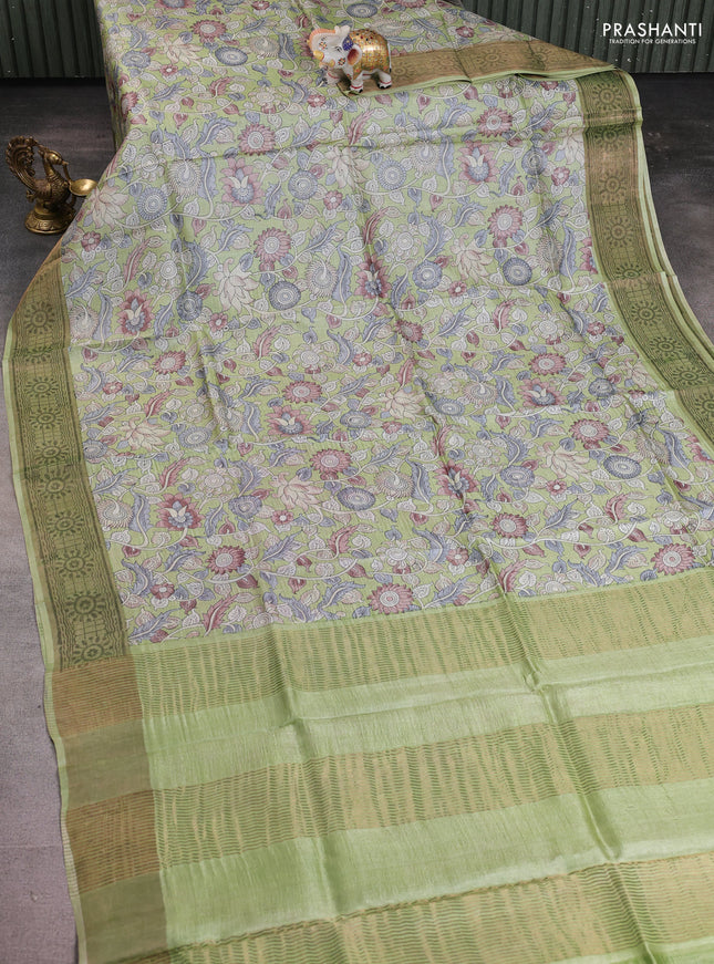 Pure tussar silk saree pista green with allover kalamkari prints and zari woven border