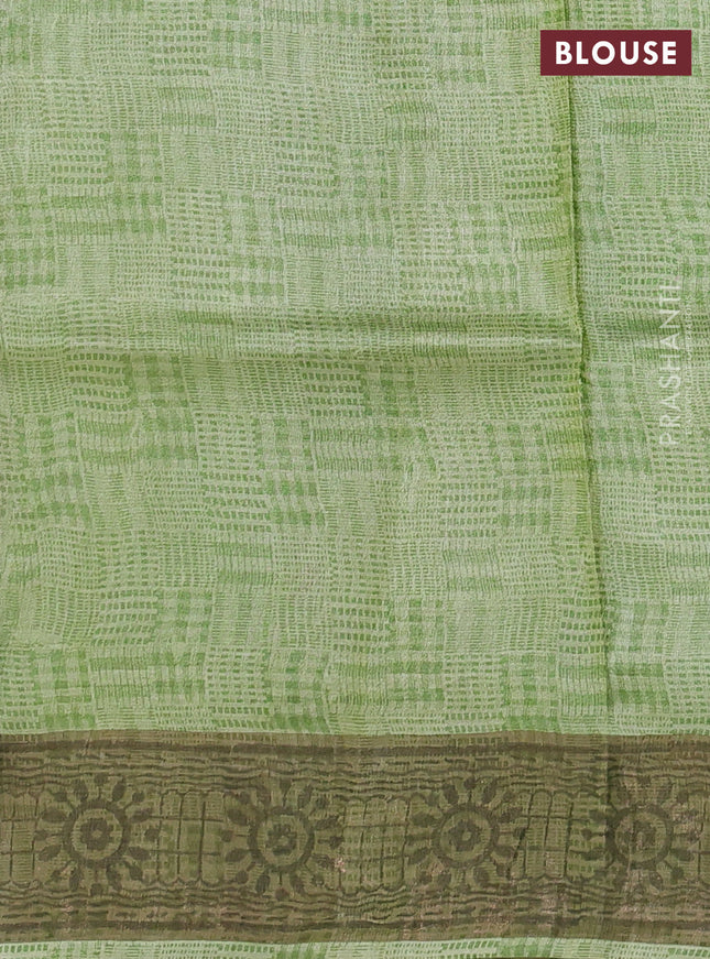 Pure tussar silk saree pista green with allover kalamkari prints and zari woven border