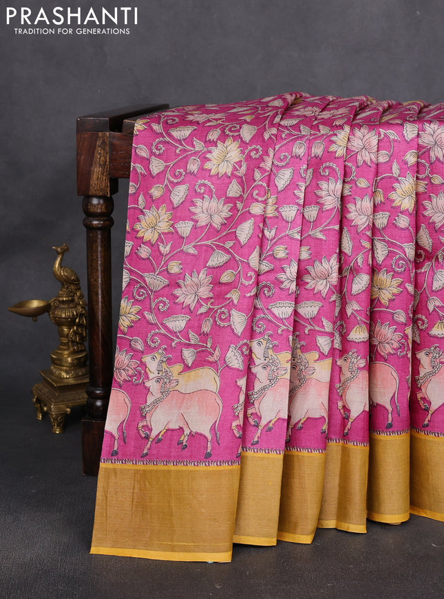 Pure tussar silk saree pink and mustard yellow with pichwai prints and zari woven border