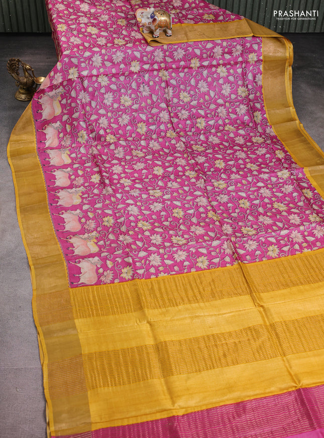 Pure tussar silk saree pink and mustard yellow with pichwai prints and zari woven border
