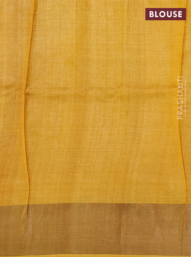 Pure tussar silk saree pink and mustard yellow with pichwai prints and zari woven border