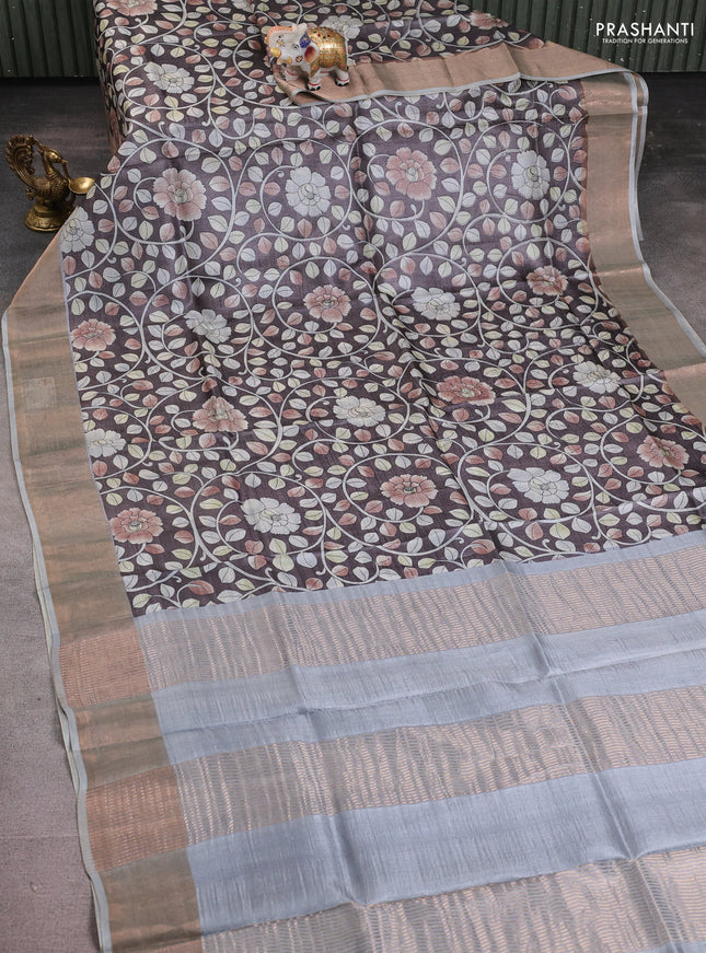 Pure tussar silk saree brown and pastel grey with allover kalamkari prints and zari woven border