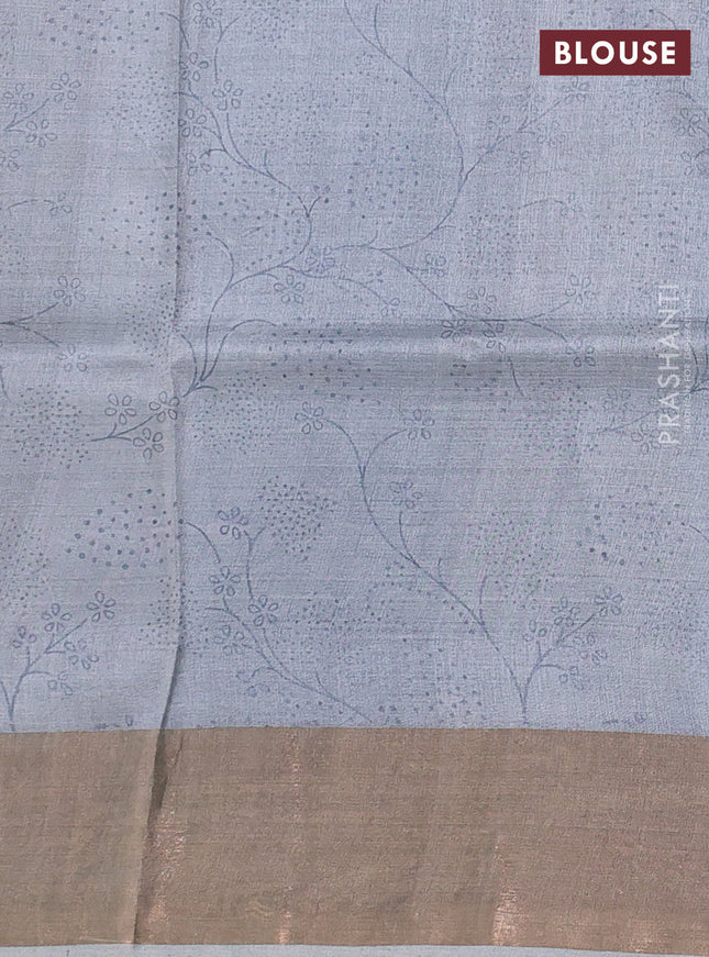 Pure tussar silk saree brown and pastel grey with allover kalamkari prints and zari woven border