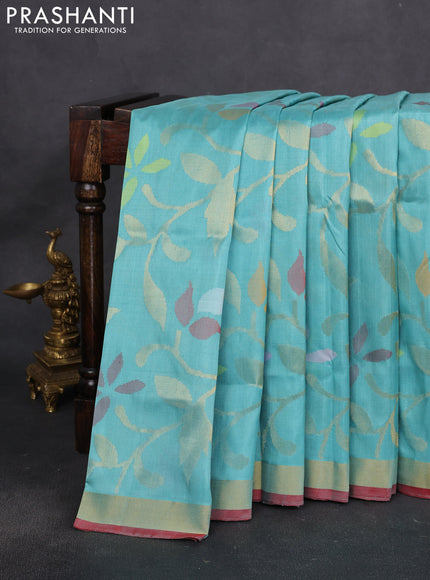 Uppada jamdhani silk saree teal blue shade and red with allover floral jamdhani weaves and zari woven border