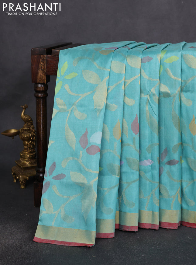 Uppada jamdhani silk saree teal blue shade and red with allover floral jamdhani weaves and zari woven border