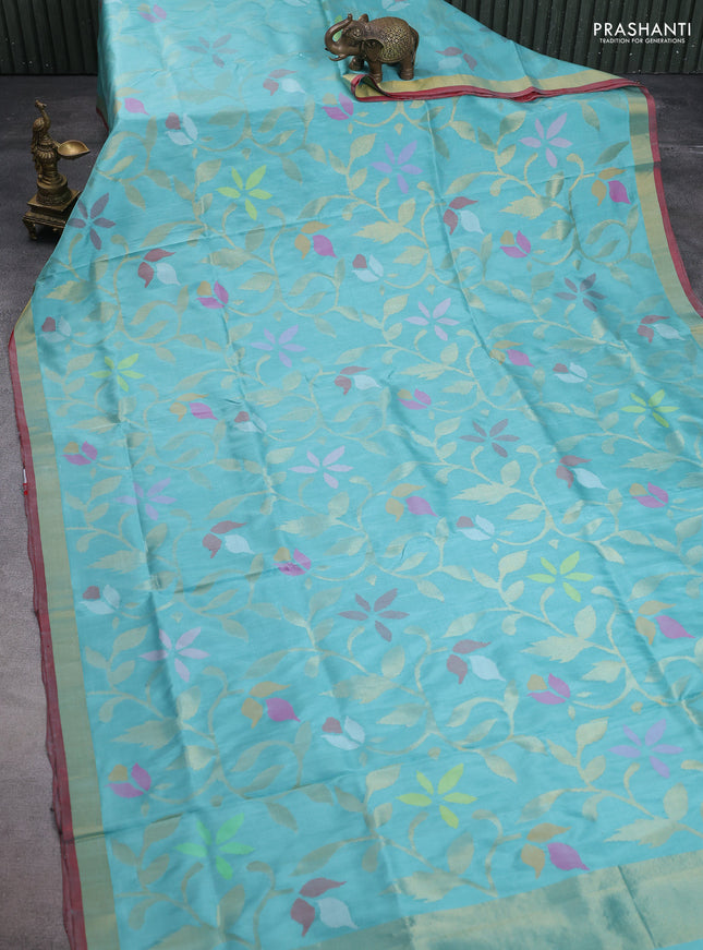 Uppada jamdhani silk saree teal blue shade and red with allover floral jamdhani weaves and zari woven border