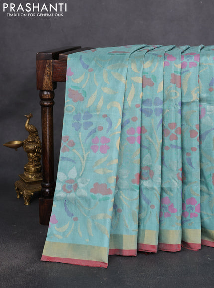 Uppada jamdhani silk saree pastel green and red with allover floral jamdhani weaves and zari woven border