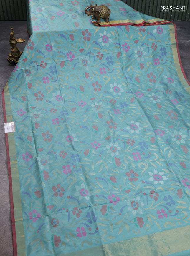 Uppada jamdhani silk saree pastel green and red with allover floral jamdhani weaves and zari woven border