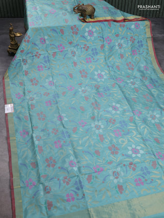Uppada jamdhani silk saree pastel green and red with allover floral jamdhani weaves and zari woven border
