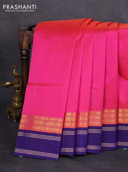 Silk cotton saree pink and blue with plain body and zari woven korvai border