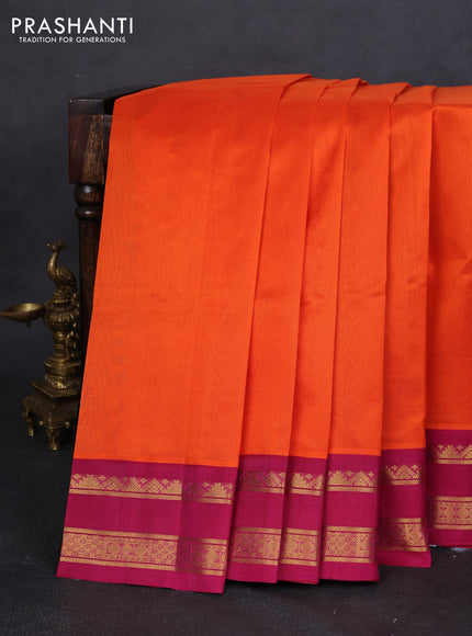 Silk cotton saree orange and pink with plain body and rettapet zari woven korvai border
