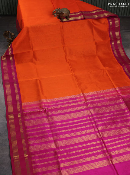 Silk cotton saree orange and pink with plain body and rettapet zari woven korvai border